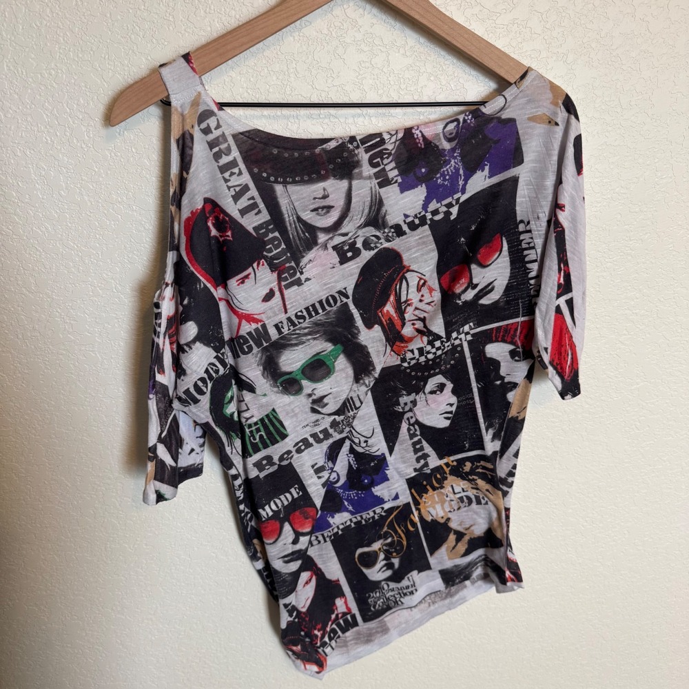 Y2K Grunge Newspaper Graphic That's It Cold Shoulder Asymmetric Top M Multi - Picture 3 of 4